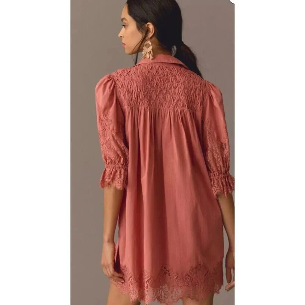 By Anthropologie SM Lace Tunic‎ Dress Clay/ mauve earthy short sleeve Romantic - Picture 2 of 15